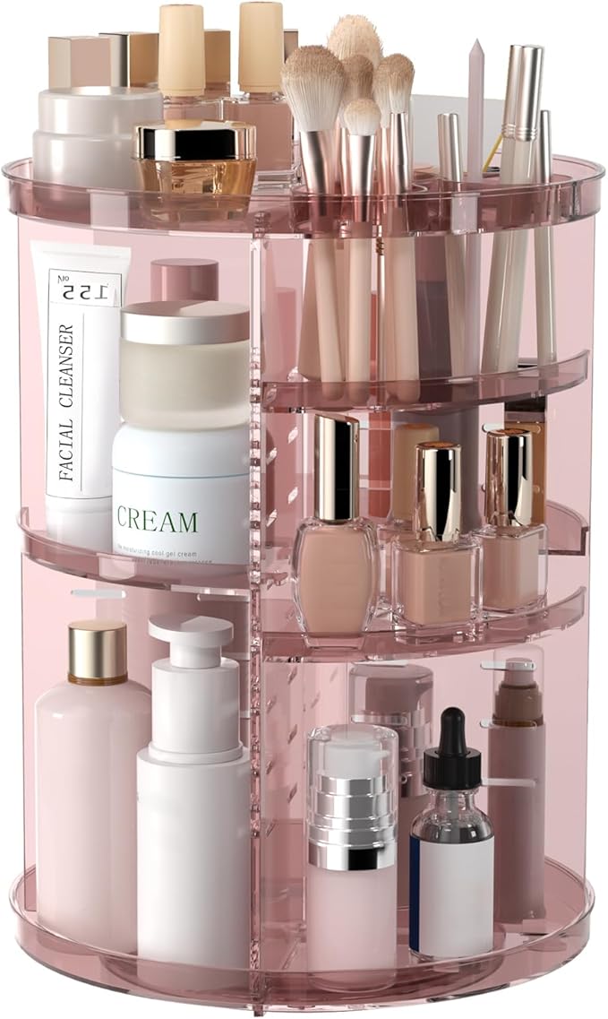 Rotating Makeup Organizer, DIY 8 Adjustable Layers 360 Spinning Skincare Organizers, Makeup Storage Carousel Tower with Brush Holder & Perfume Trays, Cosmetic Display Case for Vanity Bathroom