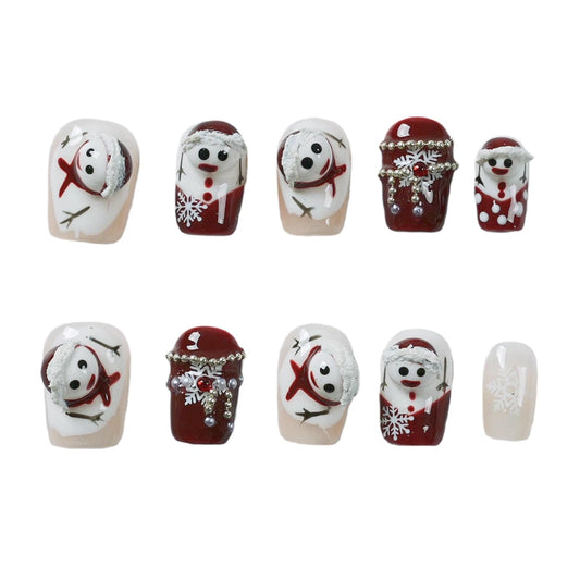 Tesytto Press on Nails Short Coffin - Red & White 3D Cute Cartoon Kawaii Character Fake Nails, Handmade Reusable Multi-Layer Gel False Nails (Squeeze Snowman, S)