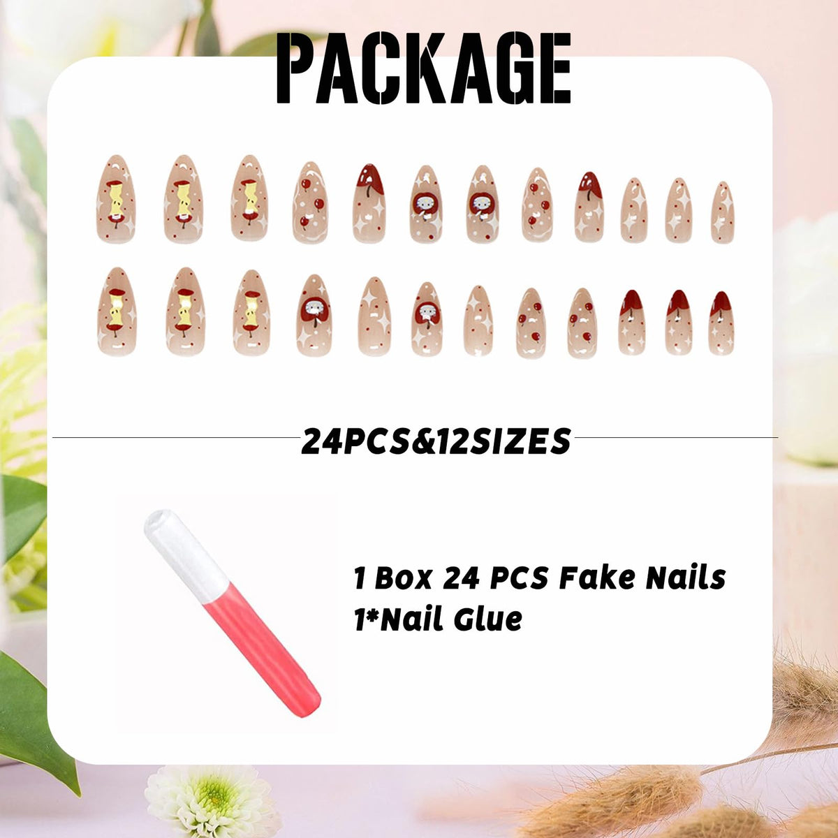 IMSOHOT Press on Nails Medium Almond Fake Nails Red Apple Acrylic False Nails with Cute Kitten Designs Nude Glossy Full Cover Stick on Nails for Women Girls 24Pcs