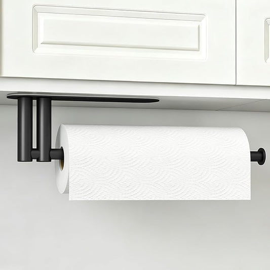 Paper Towel Holder Under Cabinet, Upgraded Dual-Rod Adhesive Paper Towel Holder with Longer Base, Stainless Steel Wall Mounted Holder for Kitchen Towels, No Drill, Black
