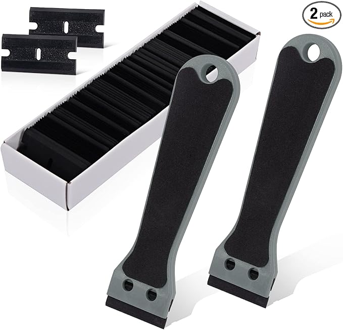 EHDIS 2pcs Plastic Razor Scraper 6-inch Long Handle Adhesive Remover Tool with 100 Double-Edge Blades for Window Tint Vinyl Scraper Decal Sticker Glue Remover (grey)