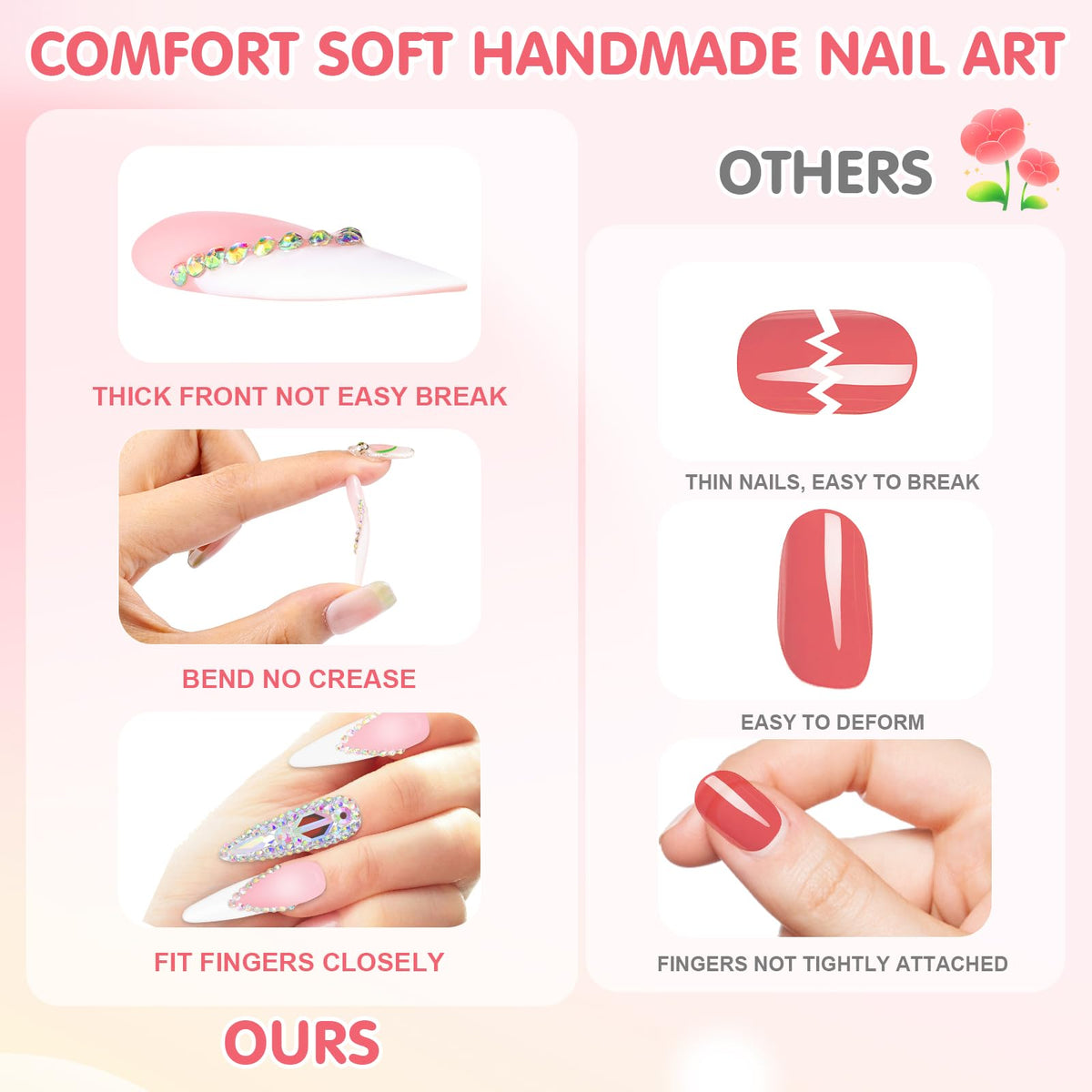 Yabonica Handmade Press On Nails Short - Acrylic Fake Nails with Charm Design,10Pcs Nail Press Ons with Glue for Woman Girls (003, S)