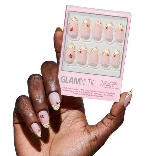 Glamnetic Press On Nails - Short Almond Fake Nails with Polka Dot French Tips & Ladybugs | Salon Quality Summer Nails | Lady Luck | 15 Sizes - 30 Nail Kit with Glue