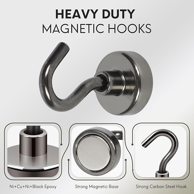 Neosmuk Magnetic Hooks, Heavy Duty 30lb+ Strong Magnet Hook for Cruise Cabins, Cruise Ship Essentials for Hanging, Metal Wall Refrigerator Hangers (Gunmetal, 12 Pack)