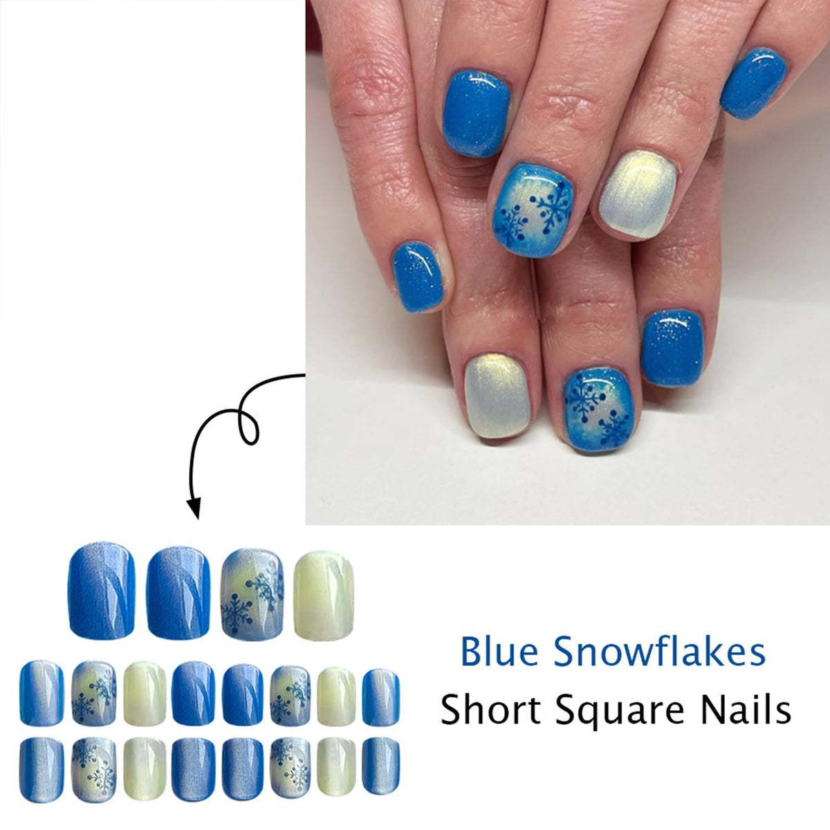 LWTZLW Christmas Press on Nails Snowflake Short Square False Nails Blue White Glitter Full Cover Glue on Nail Blue Snowflake Design Acrylic Fake Nails Winter Artificial Glossy Nail Reusable for Women