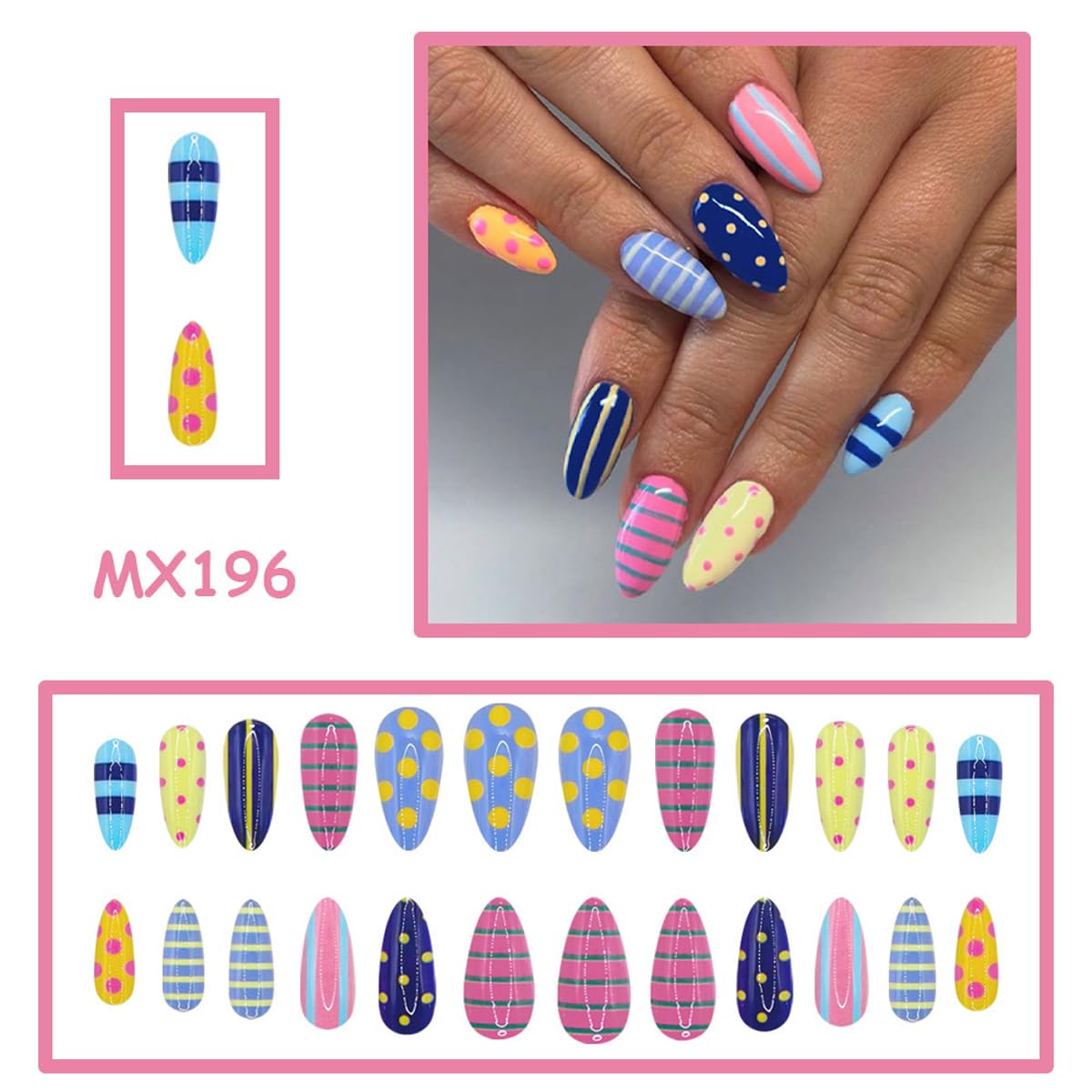 Colorful Press on Nails Medium Almond, Cute Summer Fake Nails with Stripe & Polka Dot Design, Cute Acrylic Nails Press ons Reusable Full Cover Glue on Nails for Women Girls Manicure 24Pcs