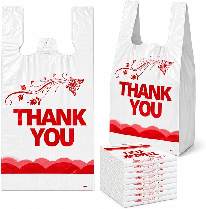 YoYoRain 1000PCS White âThank Youâ T-Shirt Bags â Reusable & Disposable Grocery and Supermarket Shopping Bags, 11"x6"x21"