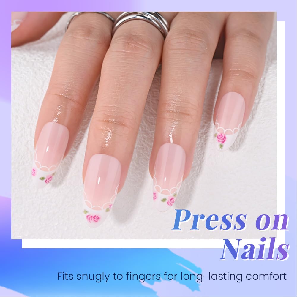evpct Nude Pink French Press on Nails Short Almond with Spring Summer Flower Design, White French Tip Stick on Nails for Women, Reusable Full Cover Soft Press on Fake Nail Perfectly Fit with Design