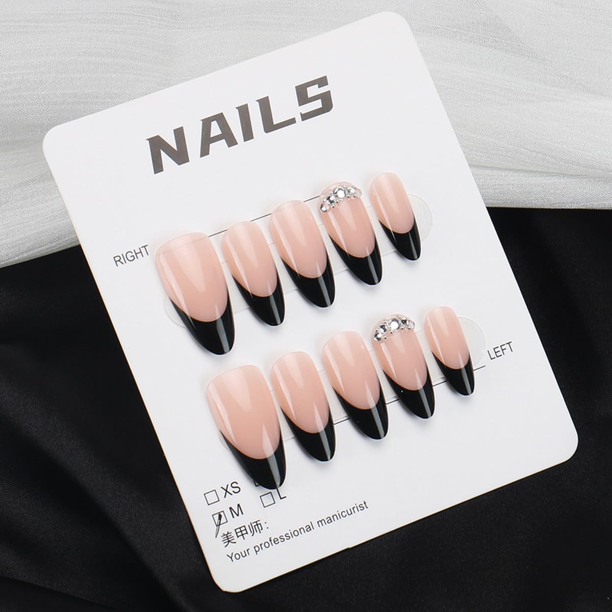 Black French Tip Press on Nails Medium Almond Nails Press ons with 3D Rhinestone Designs Nude Fake Nails Reusable Glue on Nails for Women, Elegant Classic Manicure, 24Pcs
