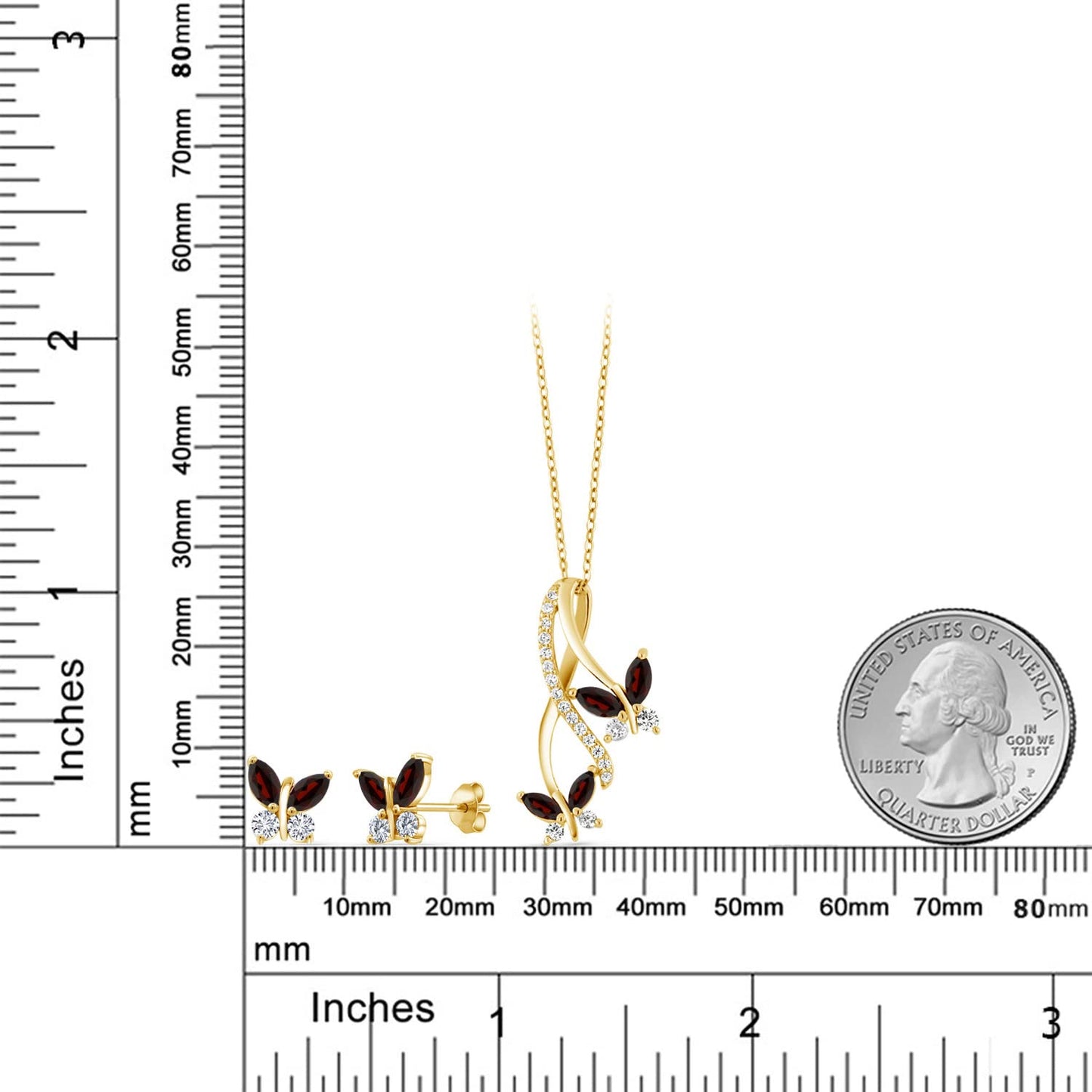 Gem Stone King 18K Yellow Gold Plated Silver Red Garnet Pendant and Earrings Jewelry Set For Women | 2.25 Cttw | Gemstone Birthstone | With 18 Inch Chain | Fine Jewelry Gifts for Her Mom Women Wife