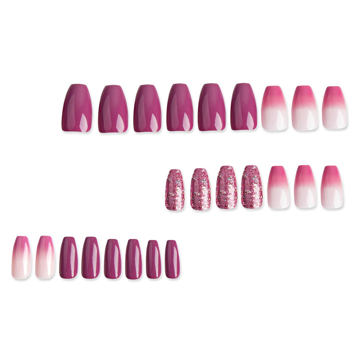Press on Nails Short Coffin Fake Nails Gradient False Nails with Silver Glitter Designs Purple and Off White Full Cover Acrylic Nails Glossy Stick on Nails for Women & Girls 24 Pcs