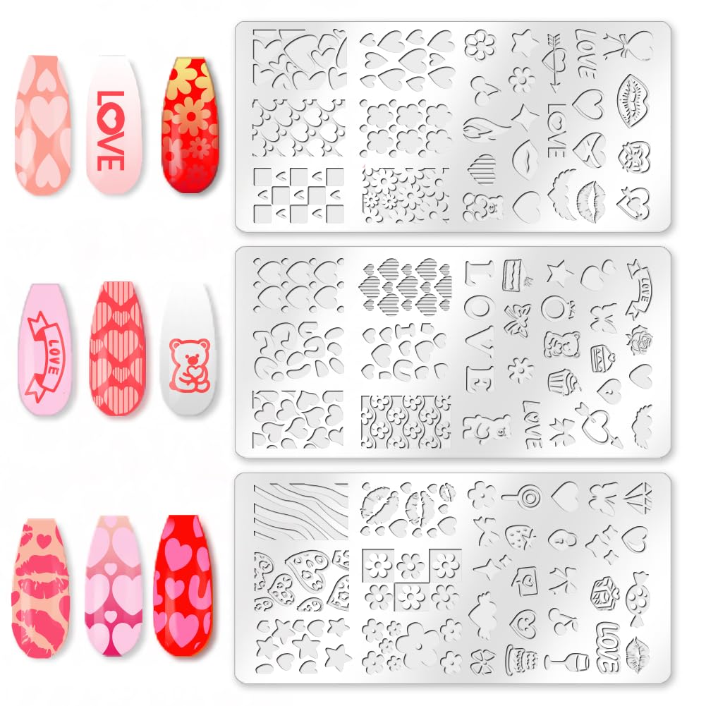 benikmake 3pcs Valentine's Day Nail Plate Stamping Heart Cherry Flower Nail Printing Stainless Stencil for Holiday Decor Manicure Salon 6x12cm 2.36x4.7inch