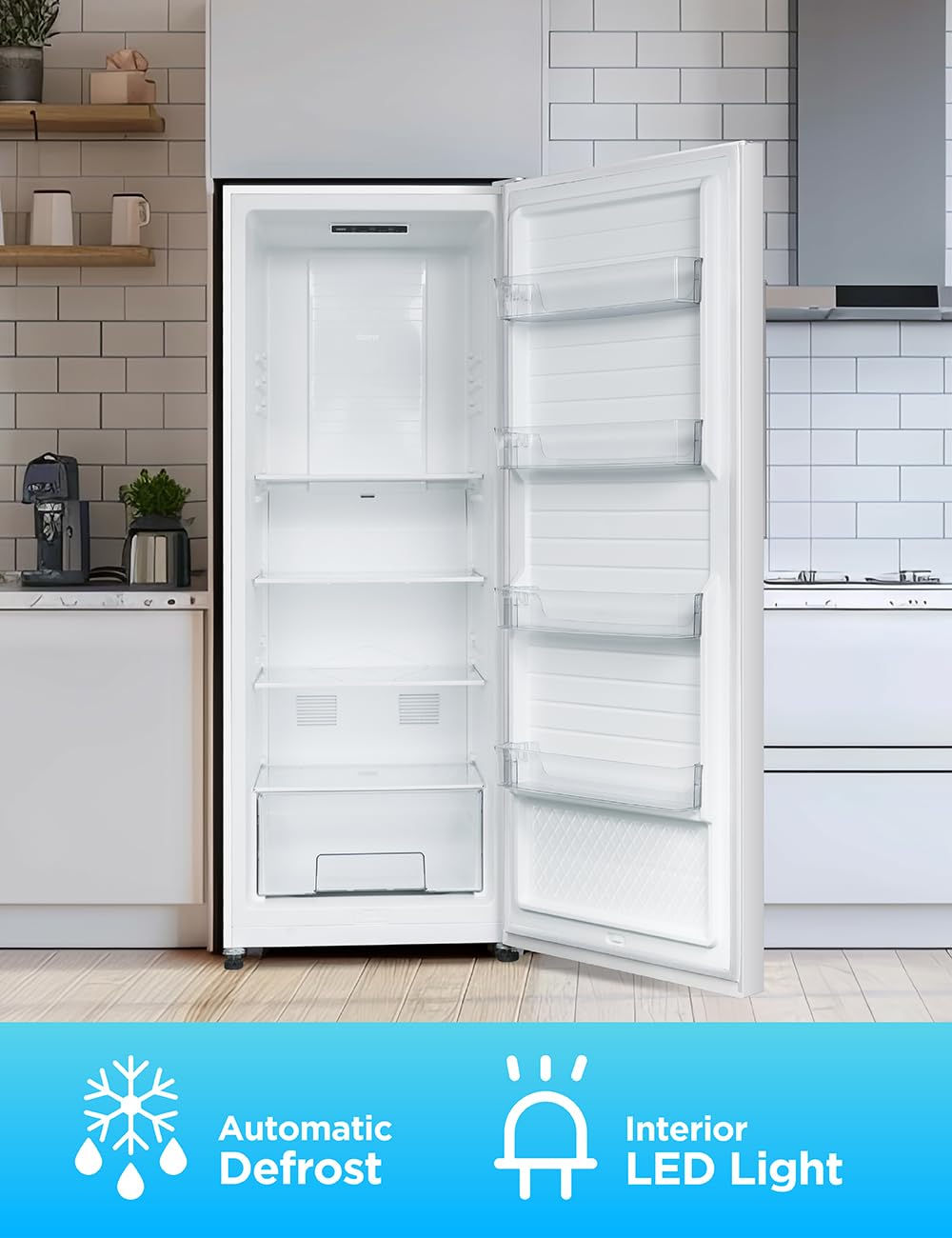 Commercial Cool 11.1 Cu. Ft. Convertible Freezer Refrigerator, Upright Fridge with Glass Shelves, Reversible Door, ENERGY STAR rated, Auto Defrost, CCUC1110GW, White