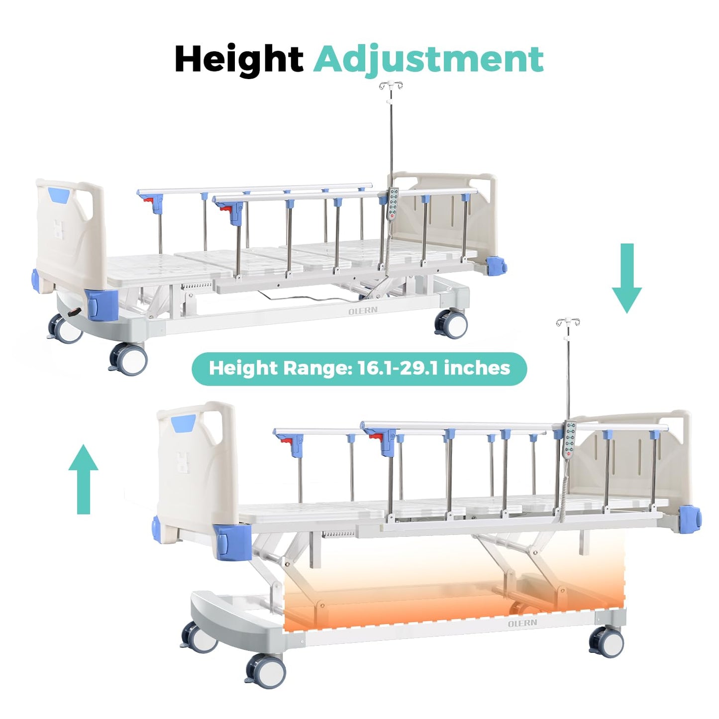 OLERN Premium 3 Function Full Electric Hospital Bed with 4.7" Memory Mattress for Home Use-16.1"-29.1" Height Range, Central Control System-5" Casters, 550LBS Loading, Adjustable Medical Bed Frame