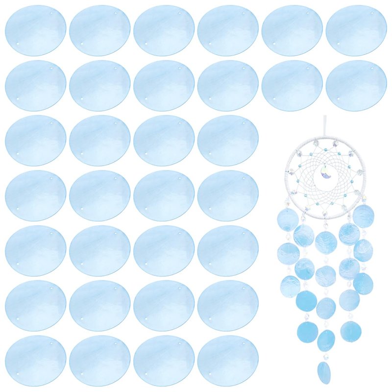 GLEAVI 100pcs Capiz Shells: 1.96in Light Blue Round Discs Chime Making - Flat 2-Hole Pendants for Chandeliers Coastal Decor Jewelry