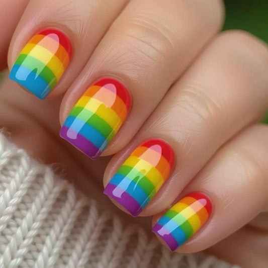 CTTHNBD Press on Nails Square - Short Fake Nails with Rainbow Stripes Design - Colorful False Nails Press ons - for Women 24 Pcs