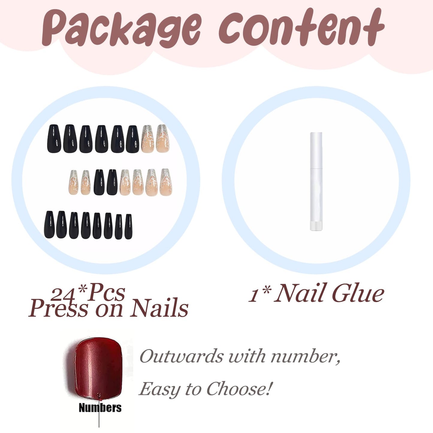 BABALAL Press on Nails Long Coffin Fake Nails Black Glue on Nails Glitter Bling Shine Acrylic Nails 24Pcs Ballerina Stick on Nail Supplies DIY Manicure Thick French Tip False Nail Art