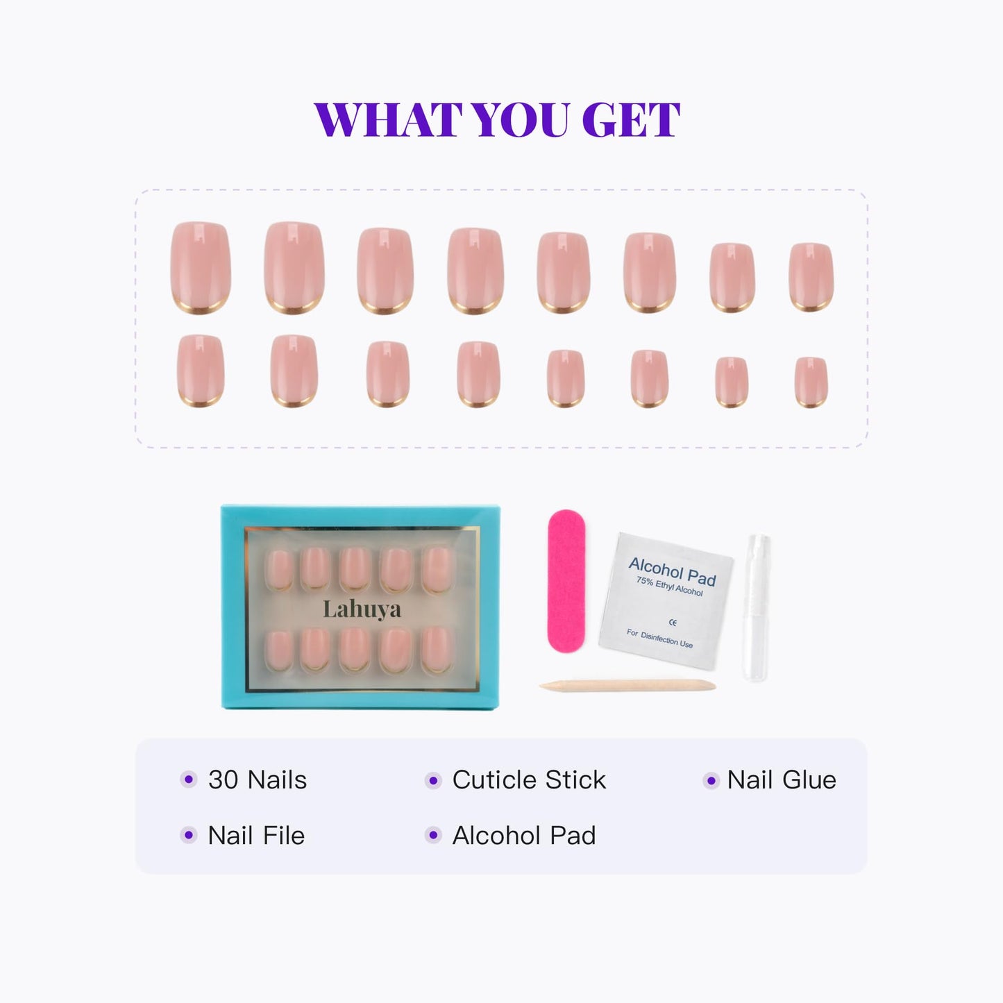 Lahuya Press On Nails - Golden Standard | Nail Artist Designed Short Squoval Milky Pink Fake Nails with Minimalist Gold French Edge, Glossy Finish, Salon Quality | 15 Sizes - 30 Nail Kit with Glue
