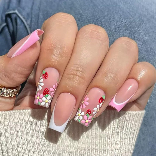CTTHNBD Press on Nails Medium - Square Fake Nails with Flower Design - Pink French Tip False Nails Press ons - for Women 24 Pcs