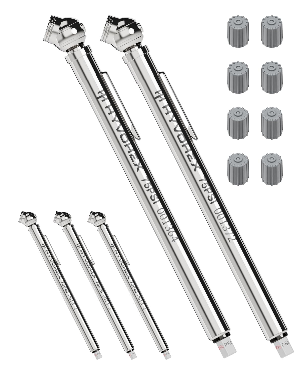 Pencil Tire Pressure Gauge 2 Pack with Valve Caps, Stainless Steel Body Tire Gauges for Tire Pressure with Deflator Valve, Metal Nozzle Tire Gauge for Cars, Pickups, RVs, Bicycles