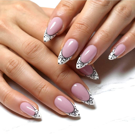 24 Pcs Press On Nails Short, Soft Gel Fake Nails, Glossy, Durable & Reusable, Easy to Apply Glue On Nails for Women By Bows And Knots