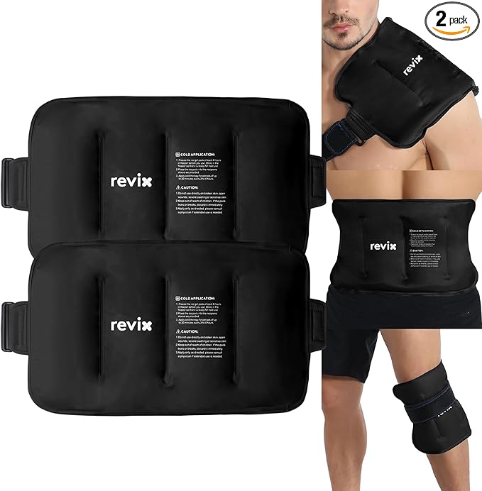REVIX 16" ÃÂ 9" Flexible Gel Ice Packs Reusable for Lower Back with Strap, Dual-Sided Soft Body Ice Wraps for Shoulder, Neck, Abdomen and Leg Relief, Black 2 Packs