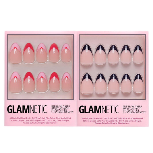 Glamnetic Press-On Nails Bundle - Pure Hearted & Caviar | Short Almond Fake Nails with Heart Accents | Short Almond Black French Tip False Nails | Reusable, Salon-Quality Nail Kits