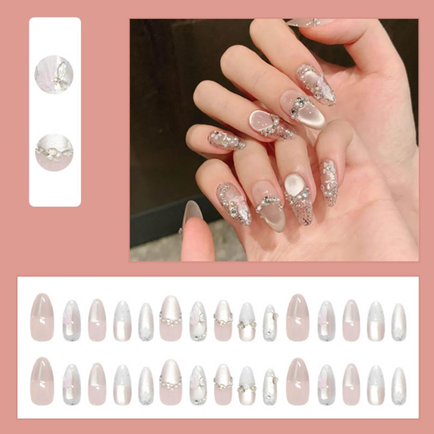 DANMANR Short Press on Nails Almond French Fake Nails Full Cover Nude Acrylic Sparkling Diamonds False Nails for Women and Girls24PCS (Pink Cat Eye)