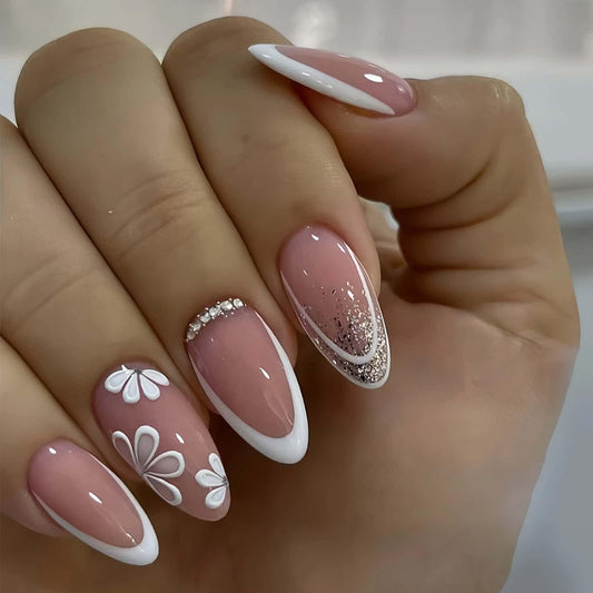 French Press on Nails Short Almond Fake Nails White with Flower Rhinestones Designs Full Cover Acrylic Glue on Nails Removable Artificial Stick on Nails for Women 30 Pcs