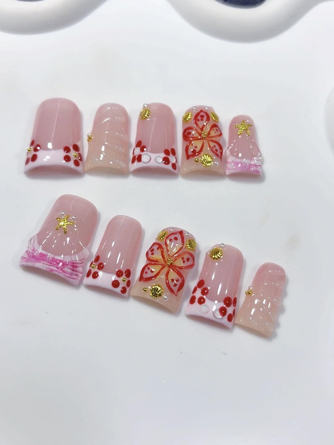 Haozerart Handmade Press on Nails Short Square Duck French Tip Fake Nails, Luxury Pink with 3D Flowers & Gold Rhinestones Glossy Cute False Nails for Women, 10 Pcs Size M