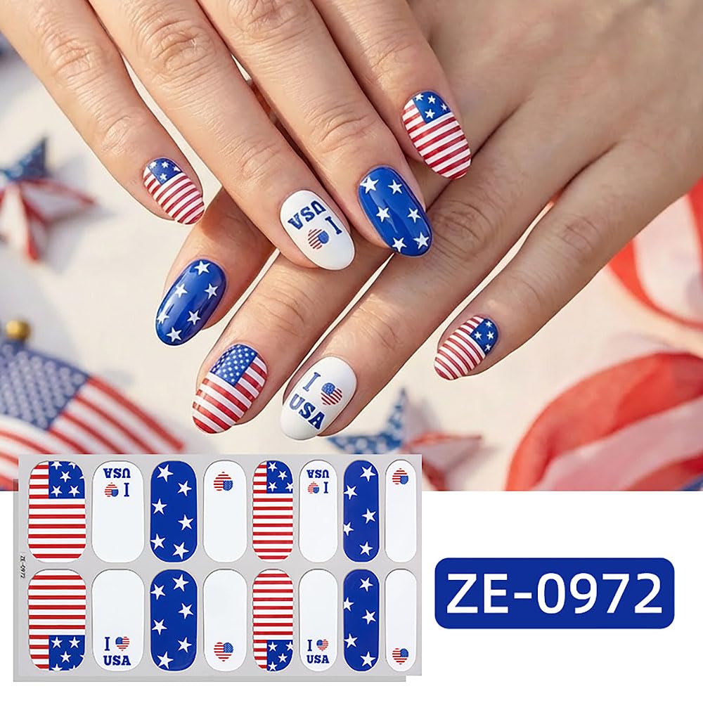 4th of July Nail Wraps Stickers Red Blue White Star Nail Strips Stickers Patriotic Nail Polish Strips Nail Accessories Independence Day Nail Art Supplies for Women DIY Manicure Nail Decoration 2Pcs
