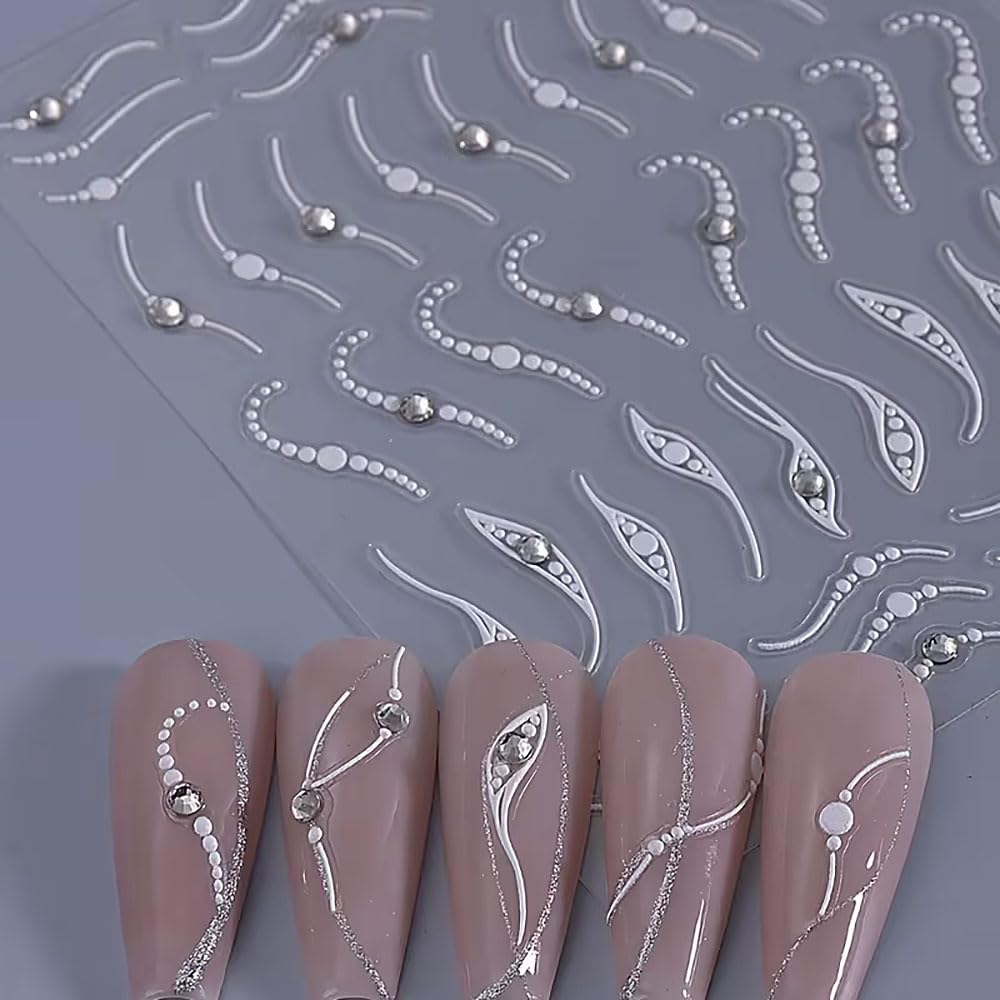 3Pcs French Line Nail Art Stickers,Silver Line Diamond Nail Stickers 5D Self-Adhesive Nail Decals Nail Art Supplies Silvery Stripe Swirls Wave Deisgns for Women Nails Decor