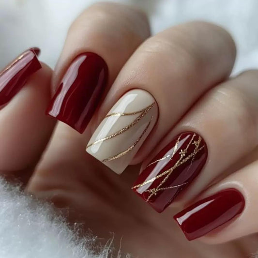 Red Press on Nails Square - Medium Fake Nails with Glitter Line Design - Glossy Full Cover Stick on False Nails - for Women 24 Pcs