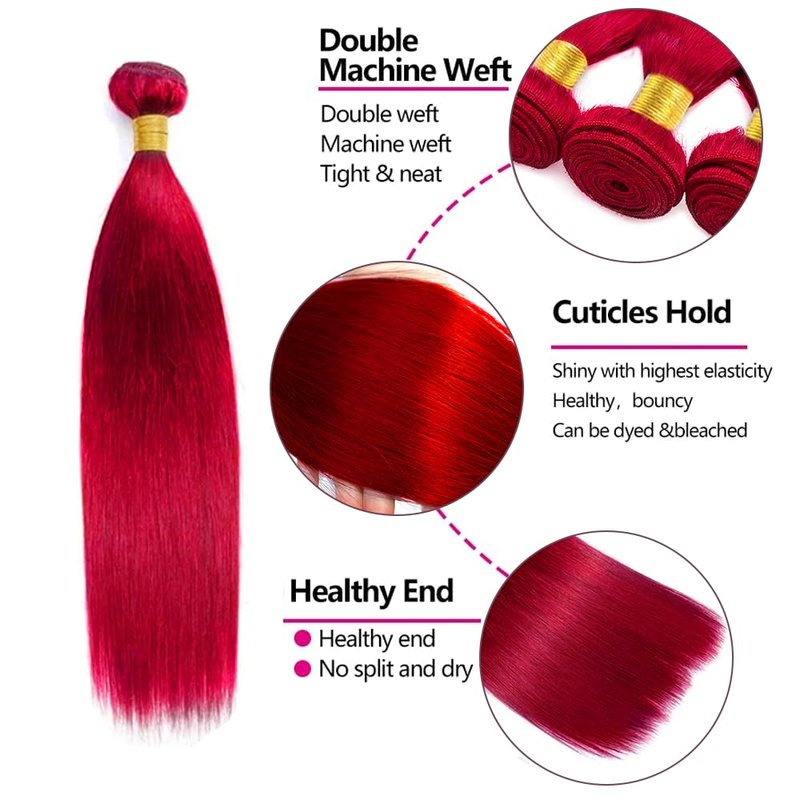 Red Bundles Straight Bundles Human Hair 16 18 20 Inch Unprocessed Brazilian Virgin Hair Weave 3 Bundle Red Human Hair Extensions 50 Grams Per Bundle