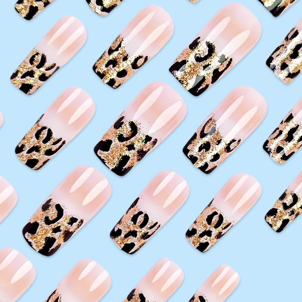 KQueenest Glitter Leopard Ombre Pink Press on Nails Long Coffin, Gold Sequins Full Cover French Fake Nails Press ons, Luxurious Square Acrylic Nails For Women, Gradient Pink Leopard Nails Set, 24 Pcs