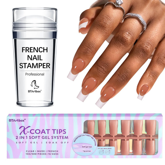 BTArtbox Press On Nails Long Square with French Nail Stamper - 150Pcs 2 in 1 X-coat Tips Pre-applied Tip Primer, One-Step Square Gel Nail Tips Fake Nails 15 Sizes for Nail Extensions