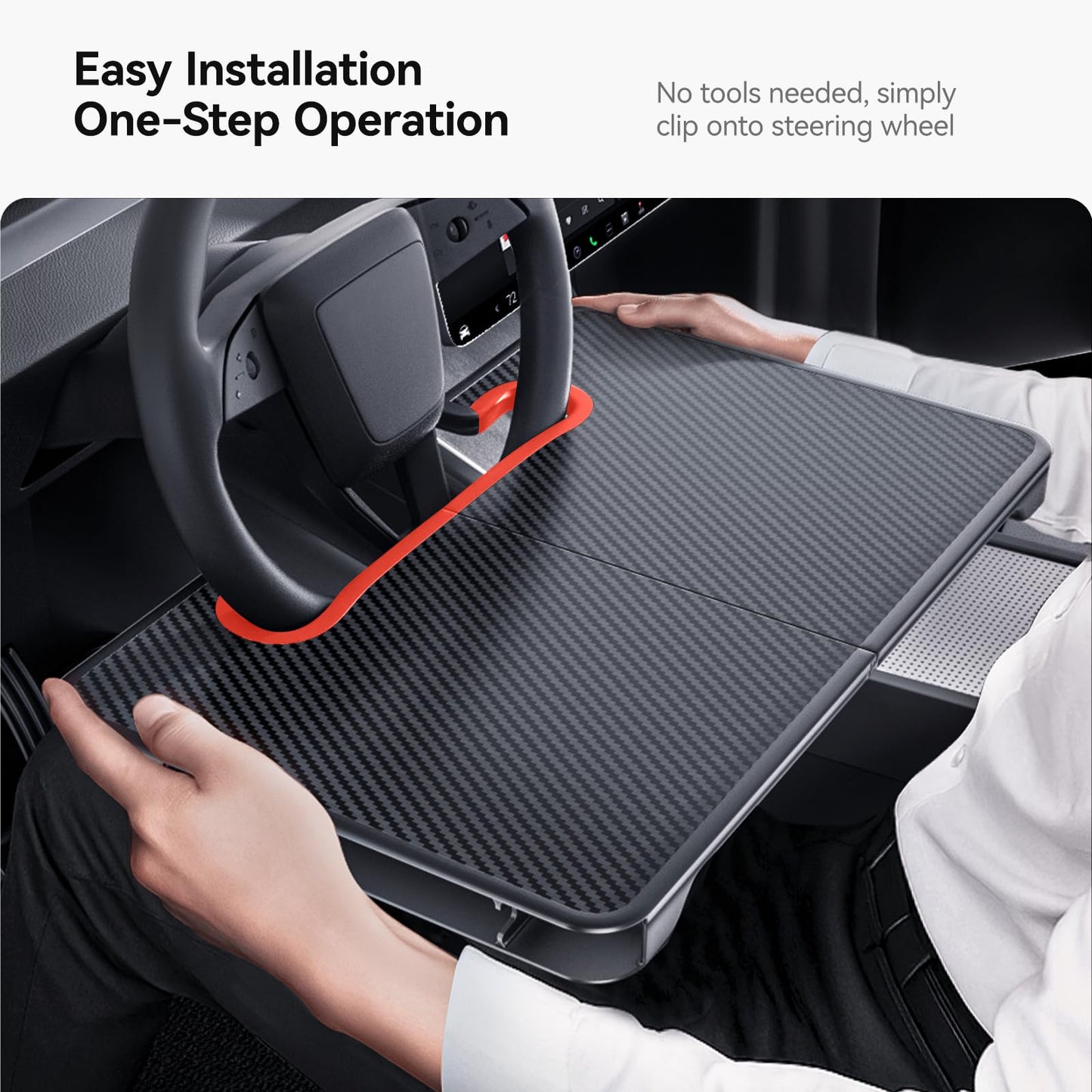 YONZEE 2-in-1 Car Steering Wheel Desk Tray & Car Seat Gap Filler Organizer – Foldable Carbon Fiber Look Table for Laptop, Eating, Writing – for Standard Round Steering Wheels