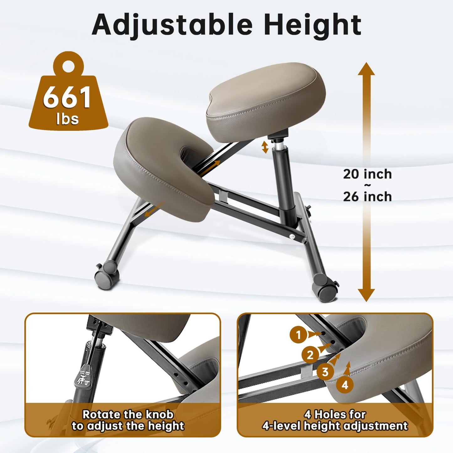 PU Leather Ergonomic Kneeling Chair, Adjustable Home and Office Stool with Thick Pads and Flexible Lockable Brake Wheels for Back Pain Relief（Dark Brown）