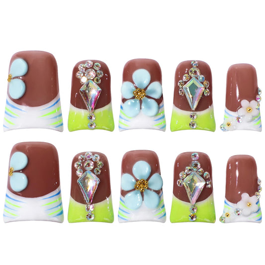 Buleens Handmade Press on Nails Acrylic Duck Nails-10pcs Short Fresh Summer Floral Crystal 3D Fake Nails Kits with Glue