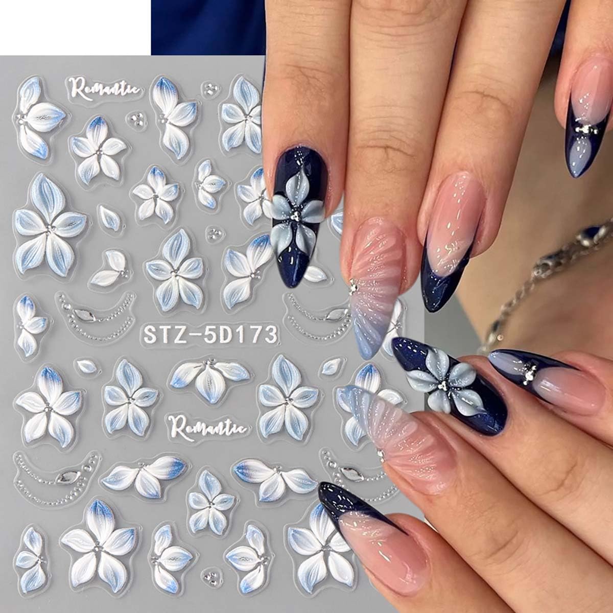 3 Sheets Flower Nail Stickers Cherry Lily Nail Decals 5D Self-Adhesive White Blue Pink Gradient Floral Nail Art Stickers Spring Summer Nail Decoration for Women DIY Manicure Supplies
