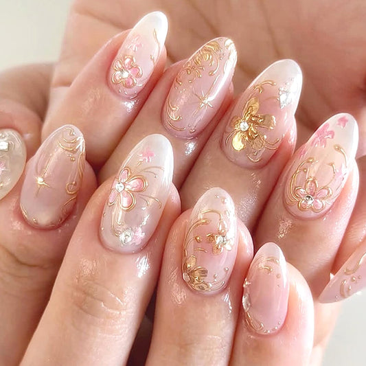 30Pcs Flower Press on Nails Medium Almond Fake Nails with 3D Rhinestone Pearls Design Gilded Flowers Star False Nails Nude Pink Smudge Full Cover Spring Summer Floral Artificial Acrylic Nail for Women