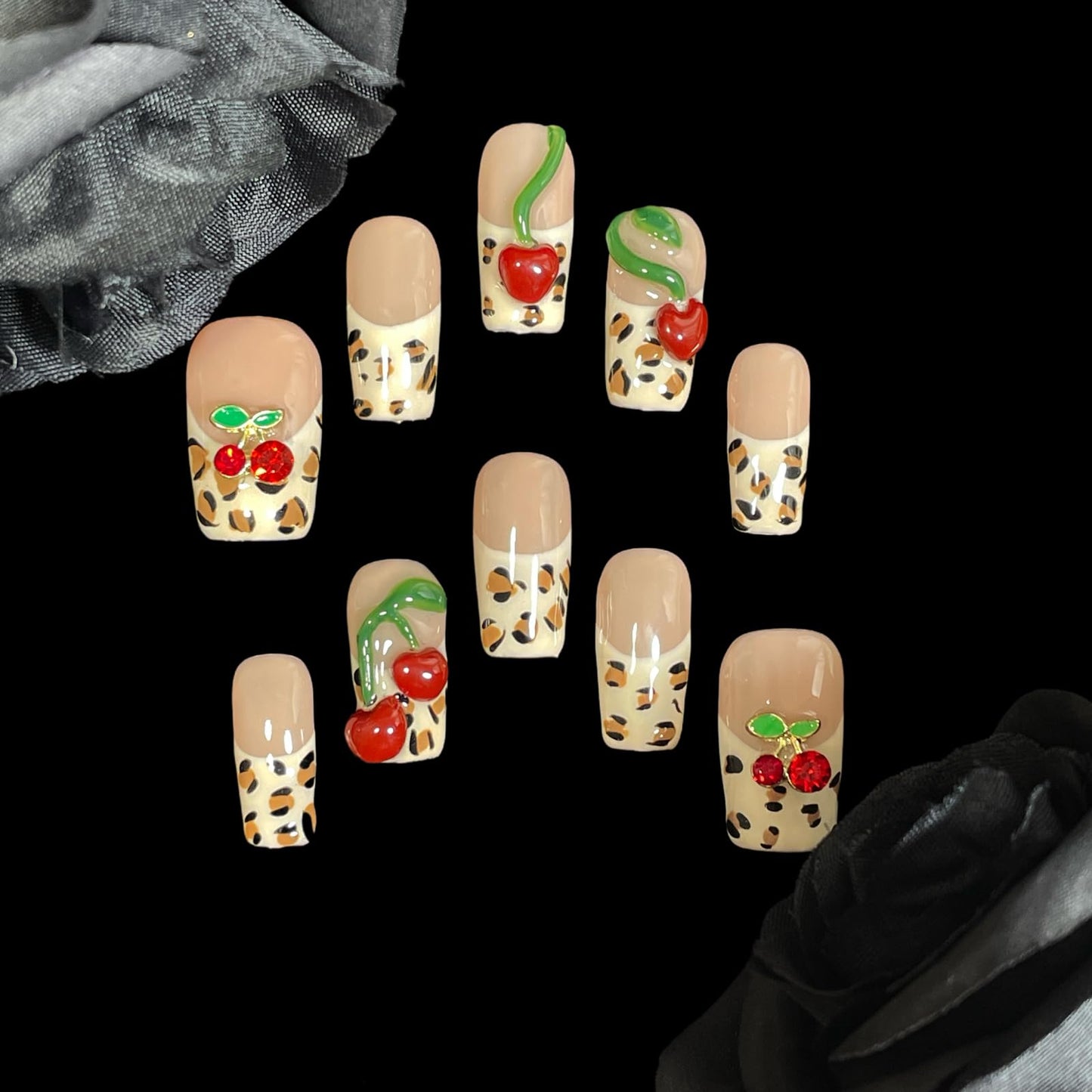 Handmade Press on Nails 3D Hand-scuplted Red Cherry Short/Medium Square False Nails | Leopard Print French Tips | Reusable Acrylic Fake Nails (Cherry Bouquet, S)