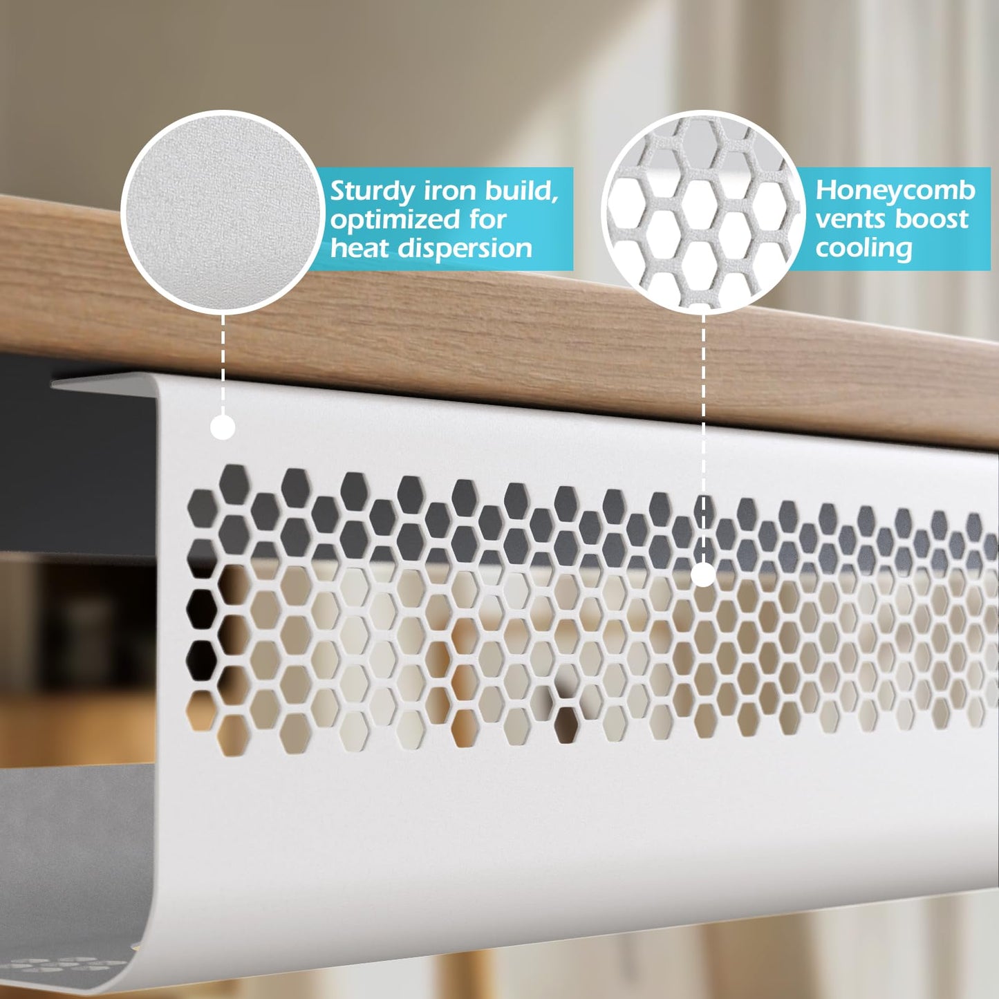 KHAMAL Cable Management Under Desk 26PCS - Cable Management Tray Kit Ventilated Hexagonal Design with Cable Clips, Wire Ties, Cord Holder & Screws for Office, Home - 2 White Sets
