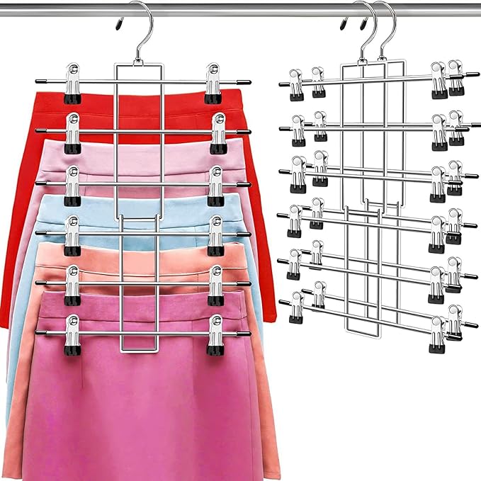 Pants Hangers with Clips,Space Saving Hanging Closet Organizer-6 Tiers Skirt Hangers with 360Â° Swivel Hook,Closet Organizer-Clothes Hangers- College Dorm Essentials Apartment Essentials-2 Pack