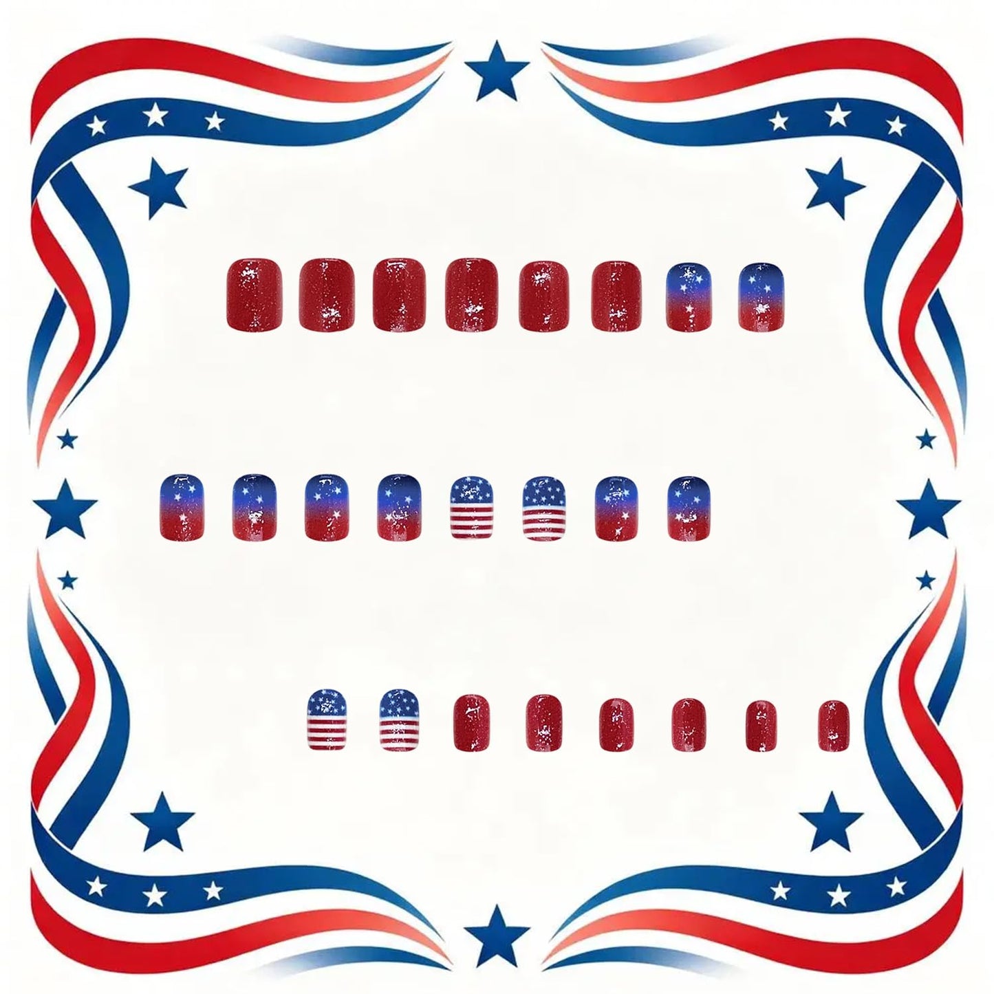 Independence Day Press on Nails Short Square Acrylic Nail Gradient American Flag with White Stars Glitter Fake Nails Patriotism 4th of July Press Ons Artificial Fingernails for Women Festival Manicure
