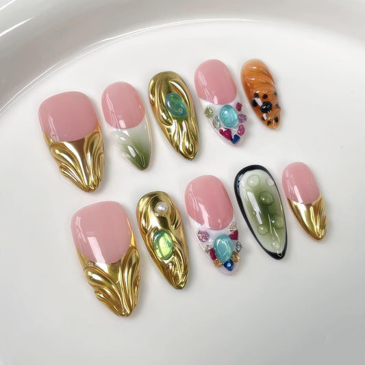 Almond Press on Nails Short Handmade Fake Nails 3D Rhinestones False Nails with Glue Gold Sparkly Reusable ABS Nails Press Ons Luxury Embossed Designs French Tip Stick on Nail for Women (Size M)