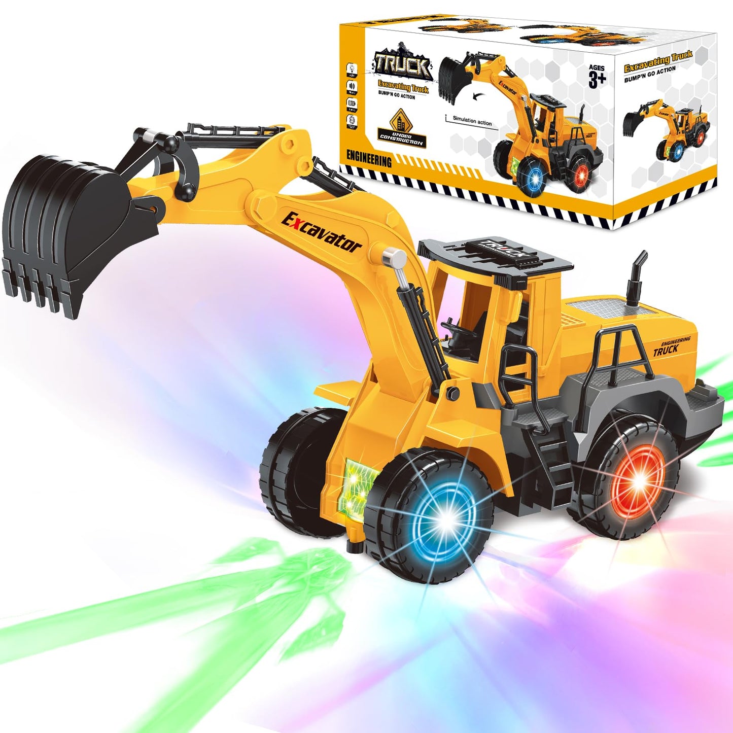 Car Toys for Toddlers, Excavator Toy with 2 Flashing Lights Music, Toy Trucks Construction Vehicle with 1 Moving Arm, Baby Toys for 3 4 5 6 Year Old Boys, Kids Valentine's Day Easter Birthday Gifts
