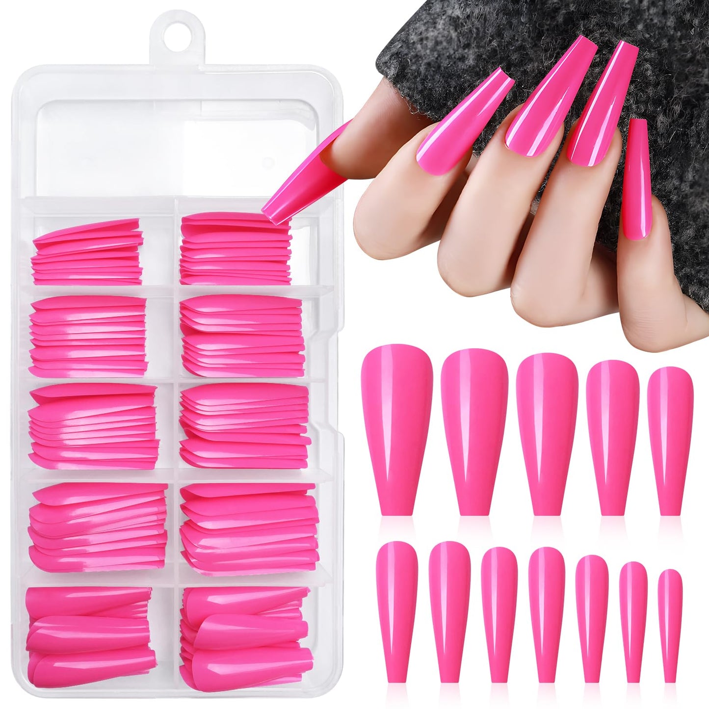 Lifextol Long Coffin Press on Nails Press ons, 100pc Hot Pink Press on Nails Long Fake Nails, XL Coffin Nails Full Cover Acrylic Pink Nails Colored Ballerina Press on Nail Long for Women Girls DIY
