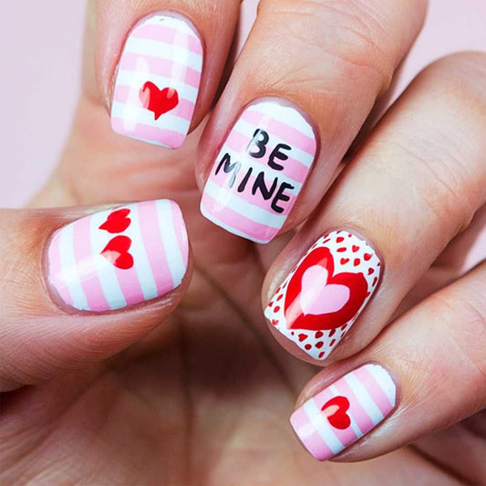 24Pcs Valentine's Day Press on Nails Short Square Glossy Fake Nails with Glue Full Cover Red Heart Pink White Stripe False Nails for Women Manicure Valentines Nail Decor Accessories Supplies