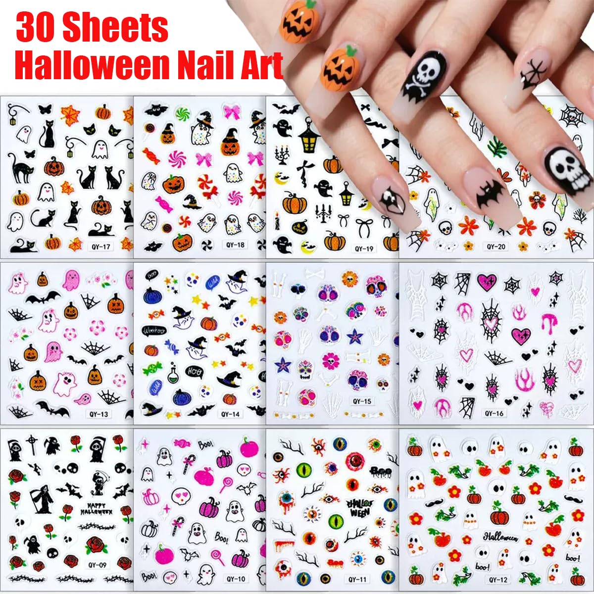 30 Sheets Halloween Nail Art Stickers Cute Ghost Pumpkin 3D Self-Adhesive Nail Decals Bat Cat Skull Designs Nail Decorations Halloween DIY Manicure Supplies for Women Girls&Kids